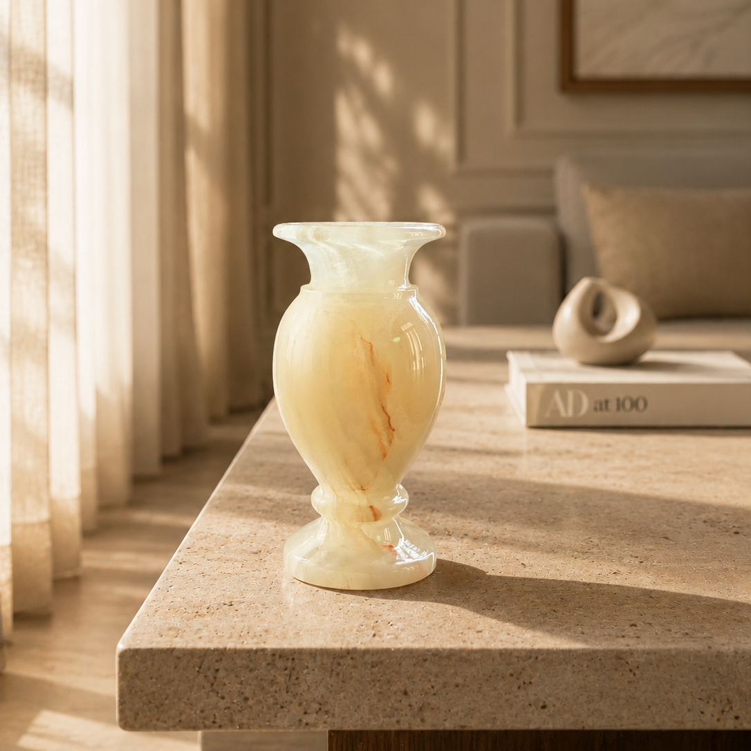 Elegant cream Onyx Marble Flower Vase displayed on a stone shelf