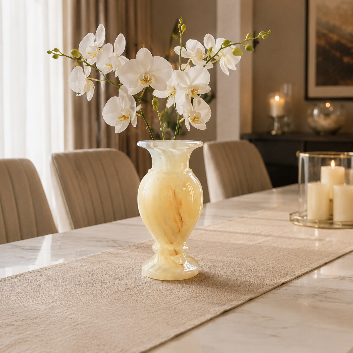 Luxury Onyx Marble Flower Vase with white flowers as a dining table centerpiece