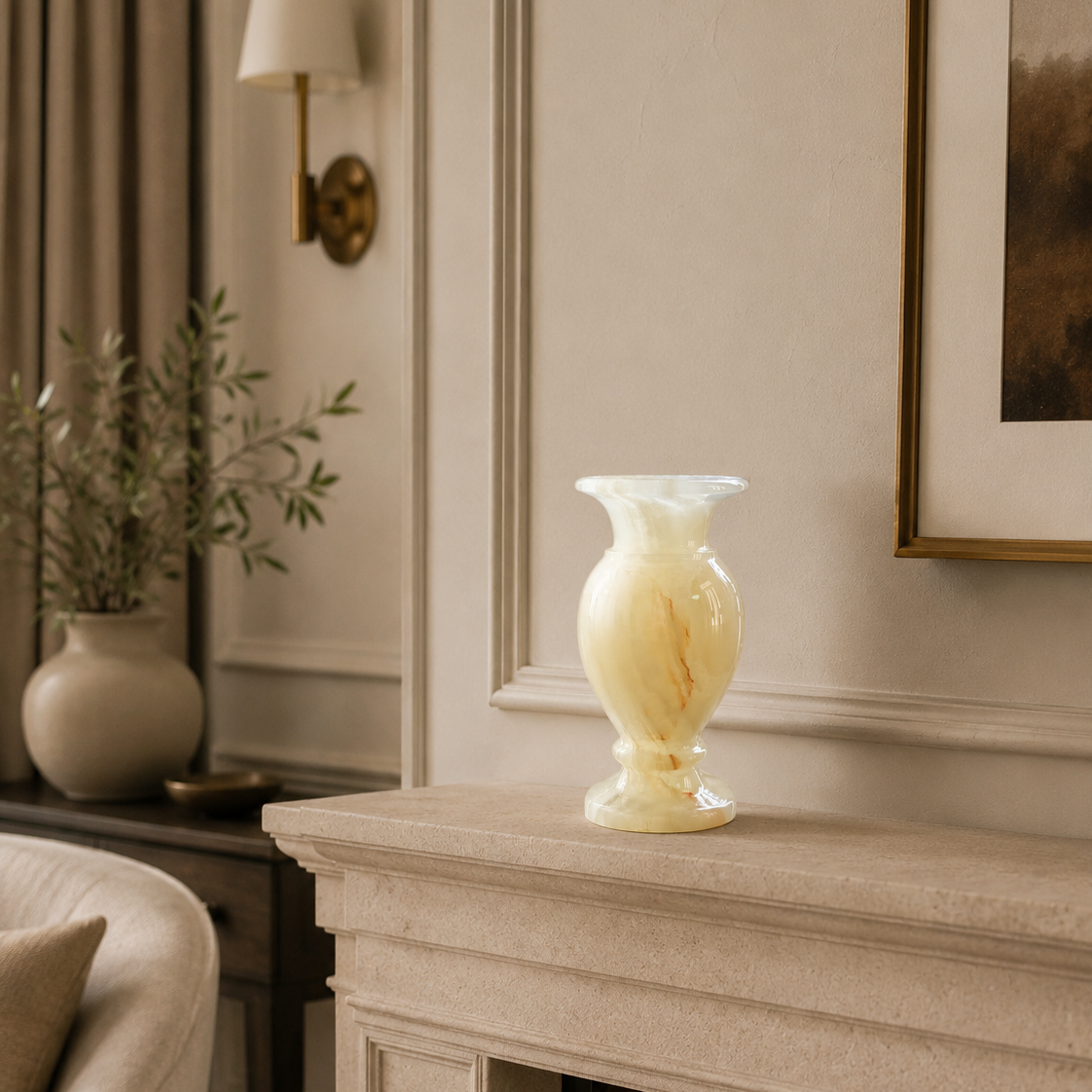 Handcrafted Onyx Marble Flower Vase displayed on a luxury fireplace mantel