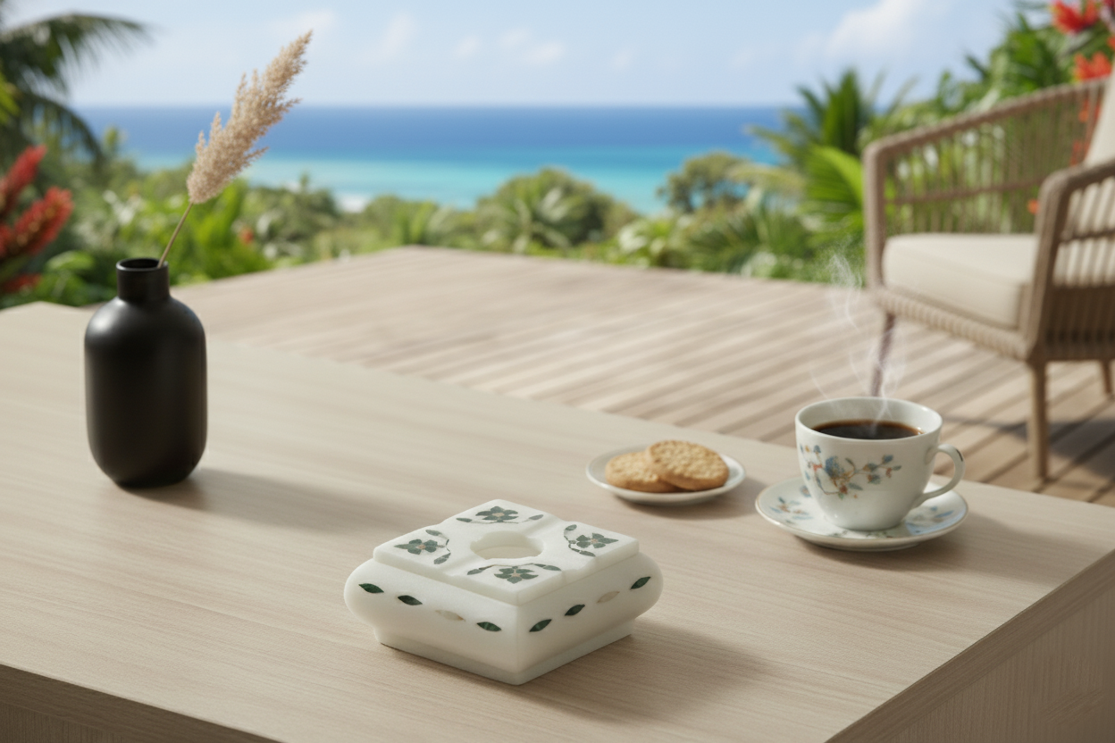 Marble inlay ashtray showcased on outdoor patio table with luxury styling