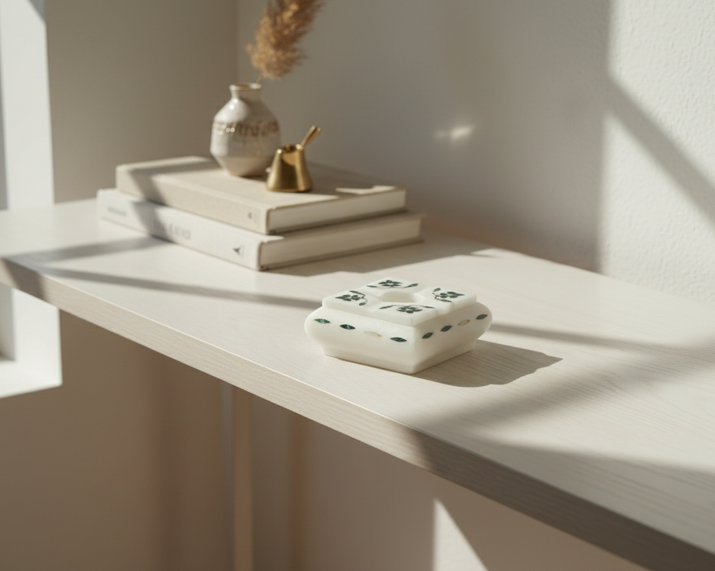 Minimalist interior with a white console table against a light wall, featuring Natural marble inlay ash tray