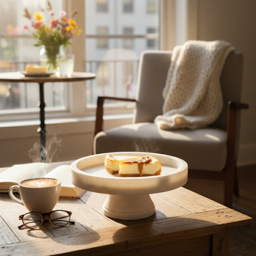 Luxury White Marble Cake Stand with Cheesecake in Elegant Living Room