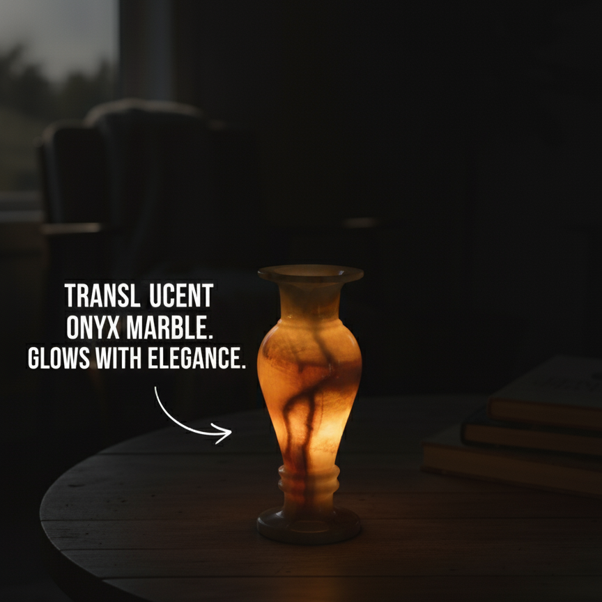 Translucent Onyx Marble Flower Vase illuminated to showcase its natural stone beauty