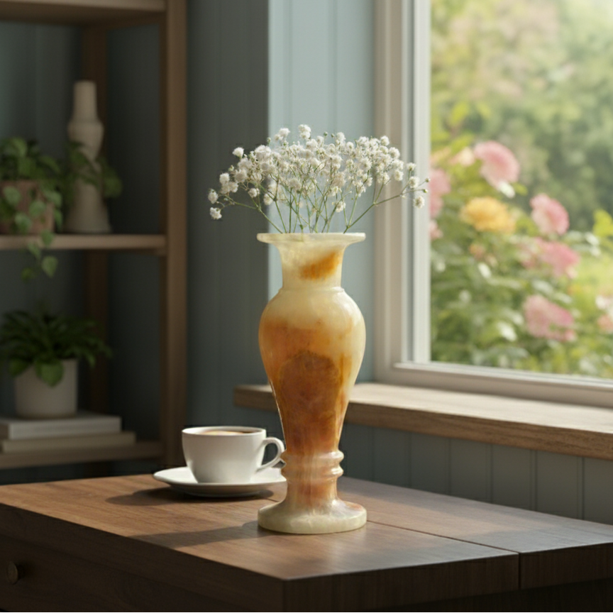 Luxury Onyx Marble Flower Vase displayed on a windowsill with fresh white flowers