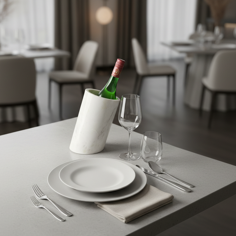 Premium marble wine cooler placed on a formal dining table with elegant table setting