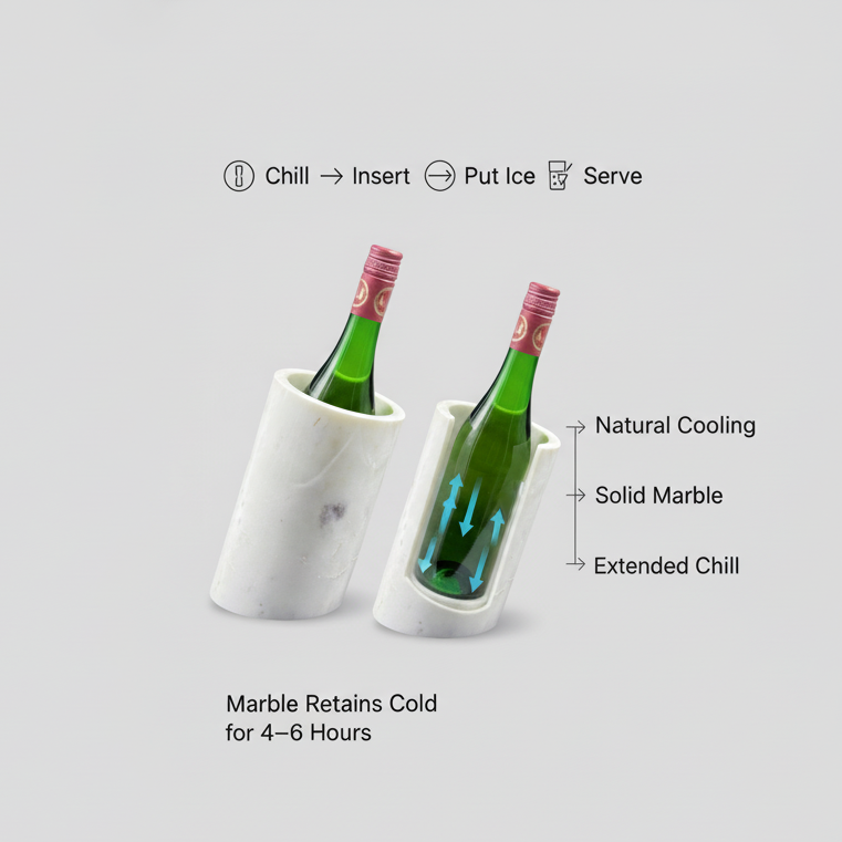 White marble wine bottle chillers shown with green wine bottles inside, on a light gray background with feature callouts and icons for chilling, inserting, putting ice, and serving.