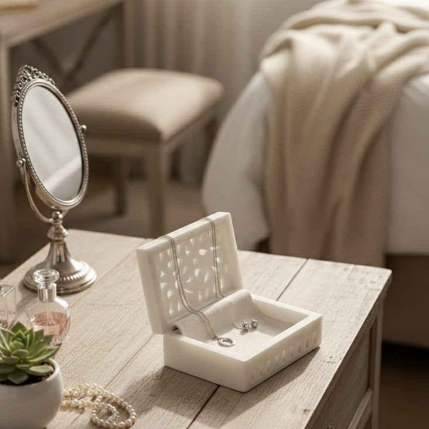 Marble jewelry box with a hinged lid, shown open on a light wood bedside table in a softly lit bedroom.