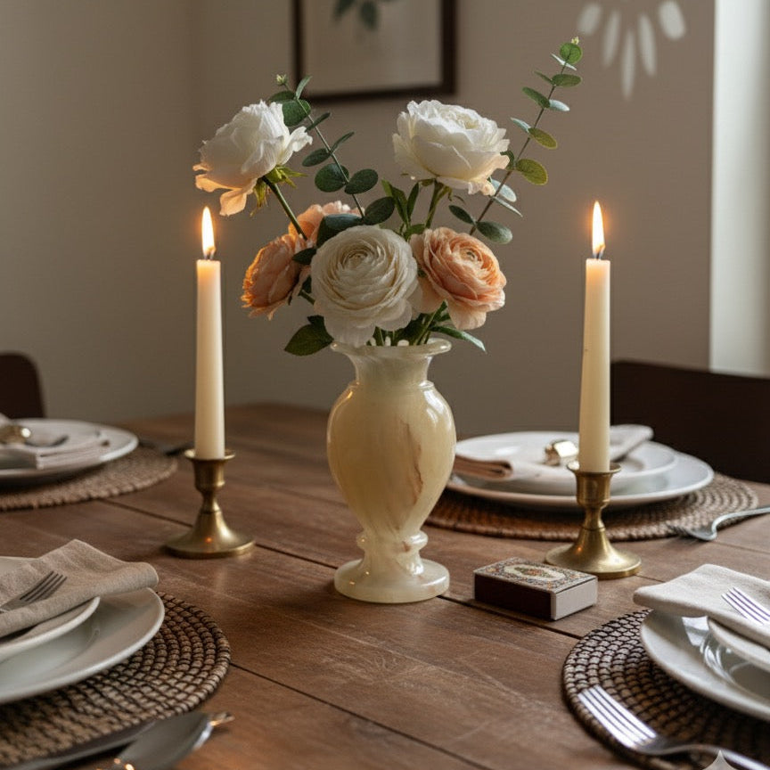 Luxury Onyx Marble Flower Vase styled as a romantic dining table centerpiece