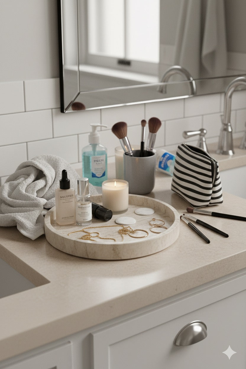 Marble vanity tray displayed with Bathroom counter with various items including a candle, bottles, and makeup brushes.