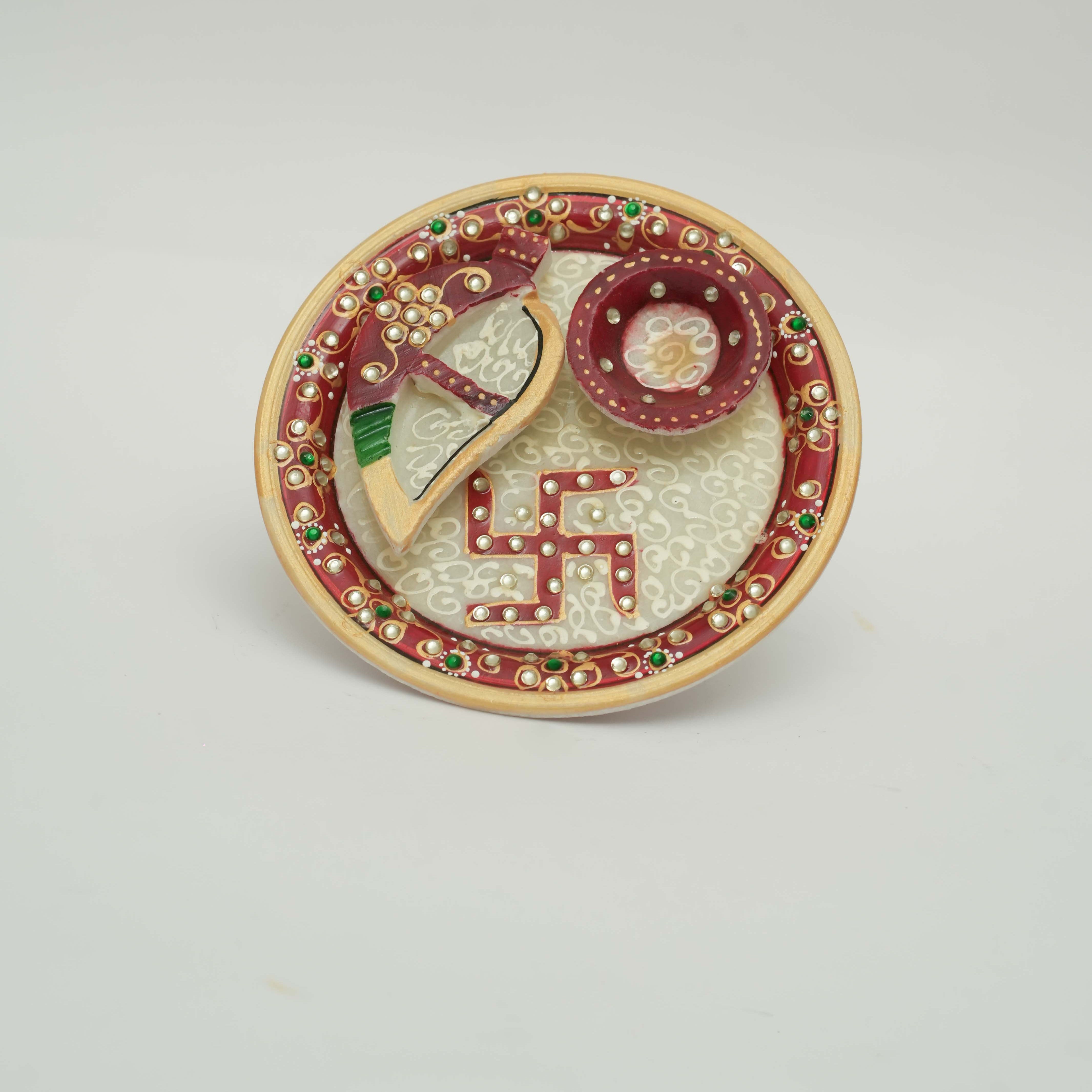Handmade Marble Pooja Thali with Kumkum Bowl, Rice Holder and Swastik Design