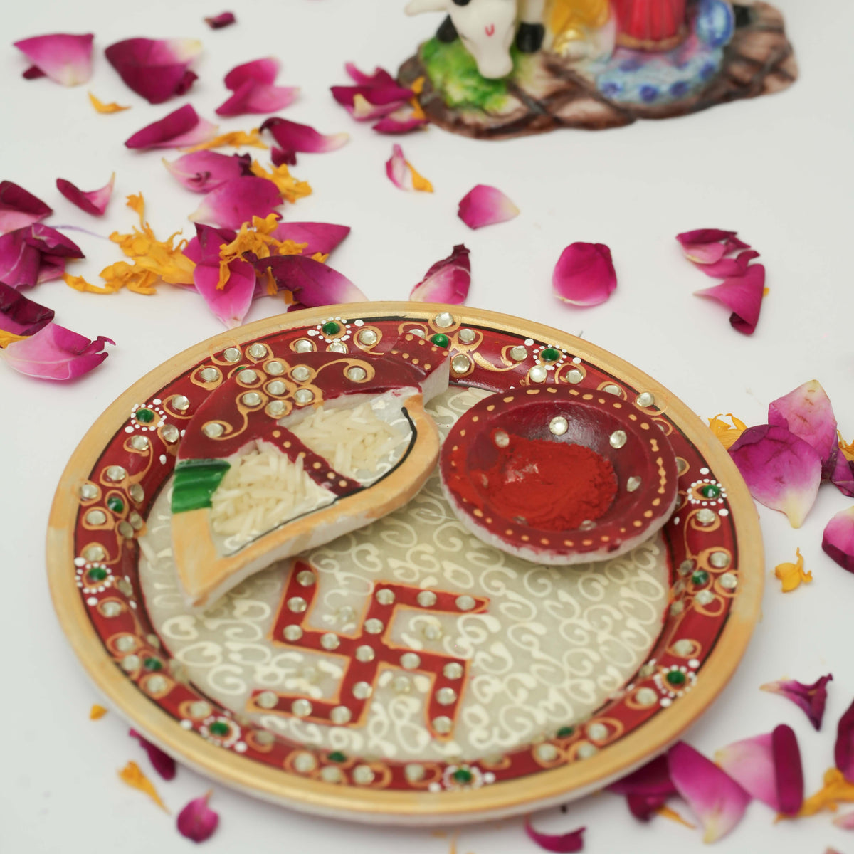 Handcrafted Marble Pooja Thali Set with Kumkum, Rice Holder and Decorative Design