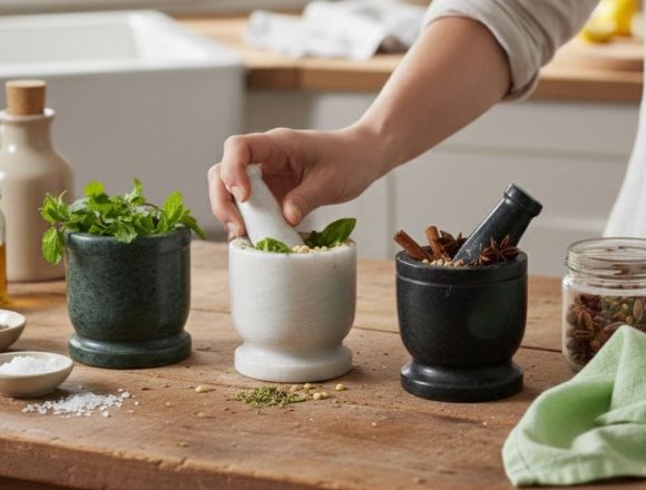 Person using green white and black marble mortar and pestle on a wooden table with various kitchen items.