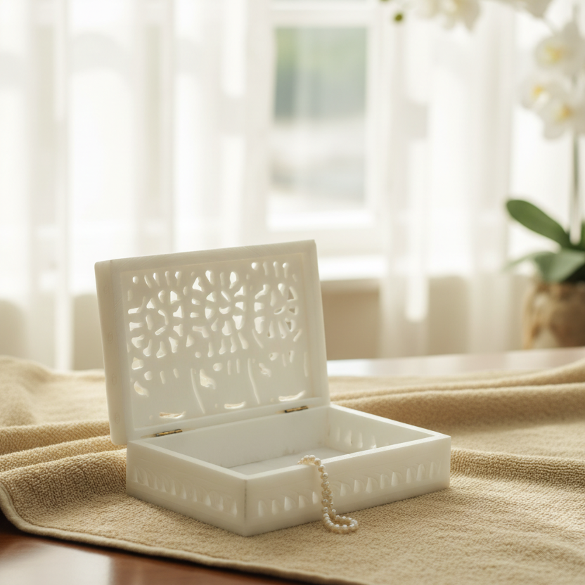 Handcrafted Soapstone Jali Jewellery Box in Bright Lifestyle Setting