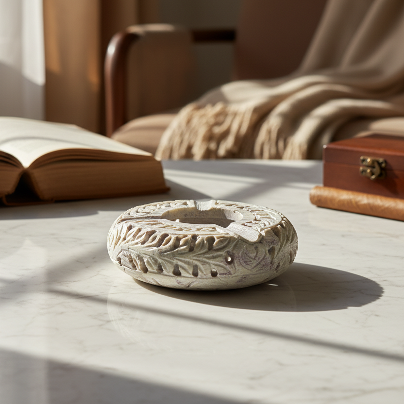 Luxury Hand-Carved Soapstone Ash Tray on a marble surface with an open book, Cigar and wooden box in the background.
