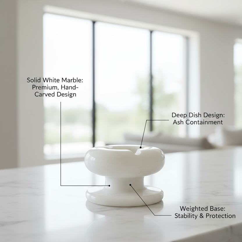 White marble pedestal ashtray infographic highlighting handcrafted design and premium marble finish