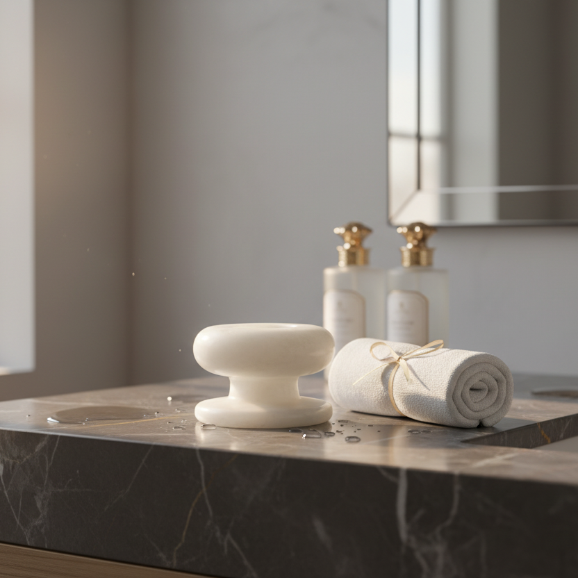 Premium white marble pedestal ashtray displayed on a luxury bathroom countertop with Bathroom vanity.