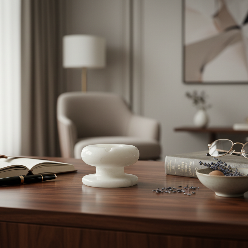 White marble pedestal ashtray on a wooden desk with reading glasses, a book and other home decor