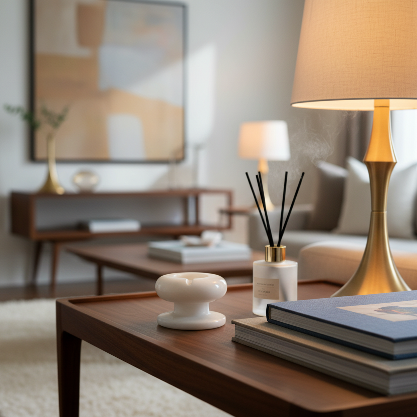 Handcrafted white marble pedestal ashtray styled on a wooden coffee table with home décor
