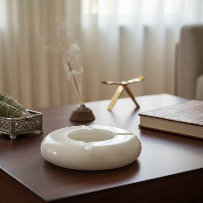 White marble ash tray on a wooden table with incense sticks and a book in the background.