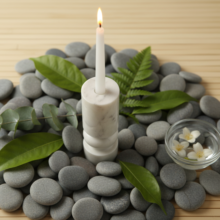 Banswara marble candle holder displayed among smooth river stones and green leaves