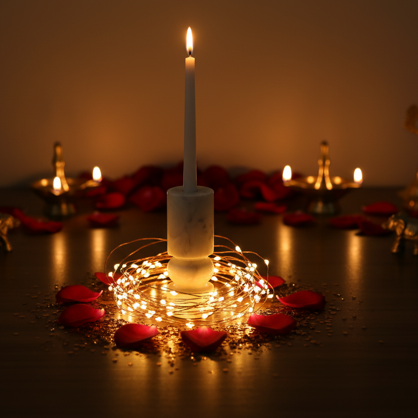 Banswara marble candle holder with lit candle surrounded by decorative flowers and warm lights