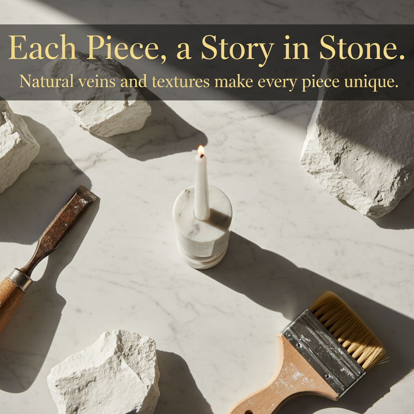 Banswara marble candle holder with natural stone texture and carving tools
