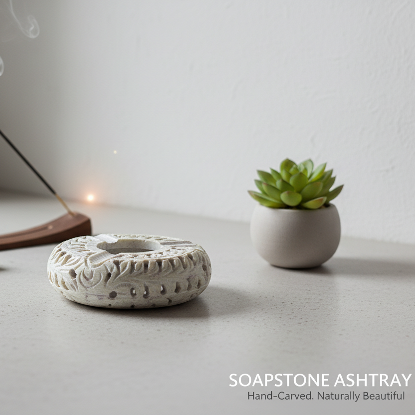 Soapstone ashtray with incense and a small plant on a light surface.