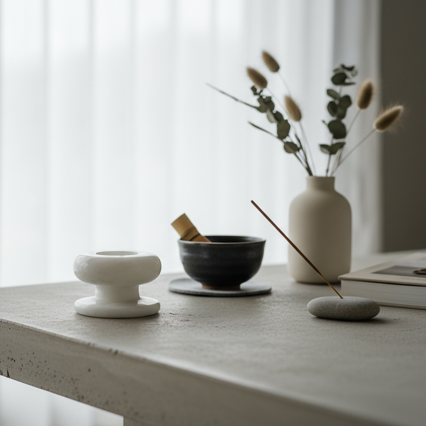 Luxury white marble pedestal ashtray Minimally decorated table with a vase, bowl, and other items against a white curtain background