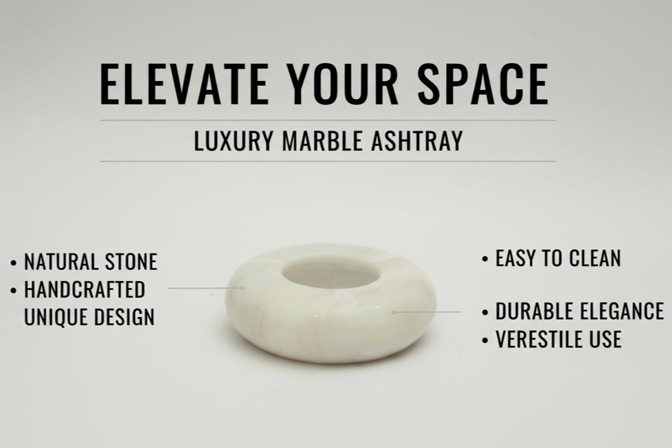 Marble ashtray with text highlighting features on a light background