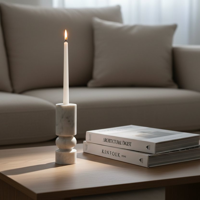 Banswara marble candle holder with lit candle displayed on a coffee table beside books