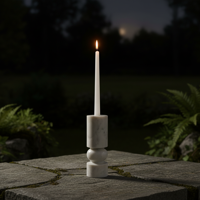 Banswara marble candle holder with lit candle displayed on an outdoor stone table at night
