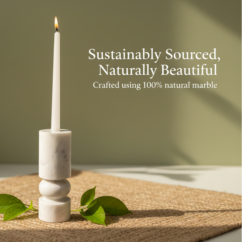 Banswara marble candle holder with lit candle styled with greenery in a natural indoor setting