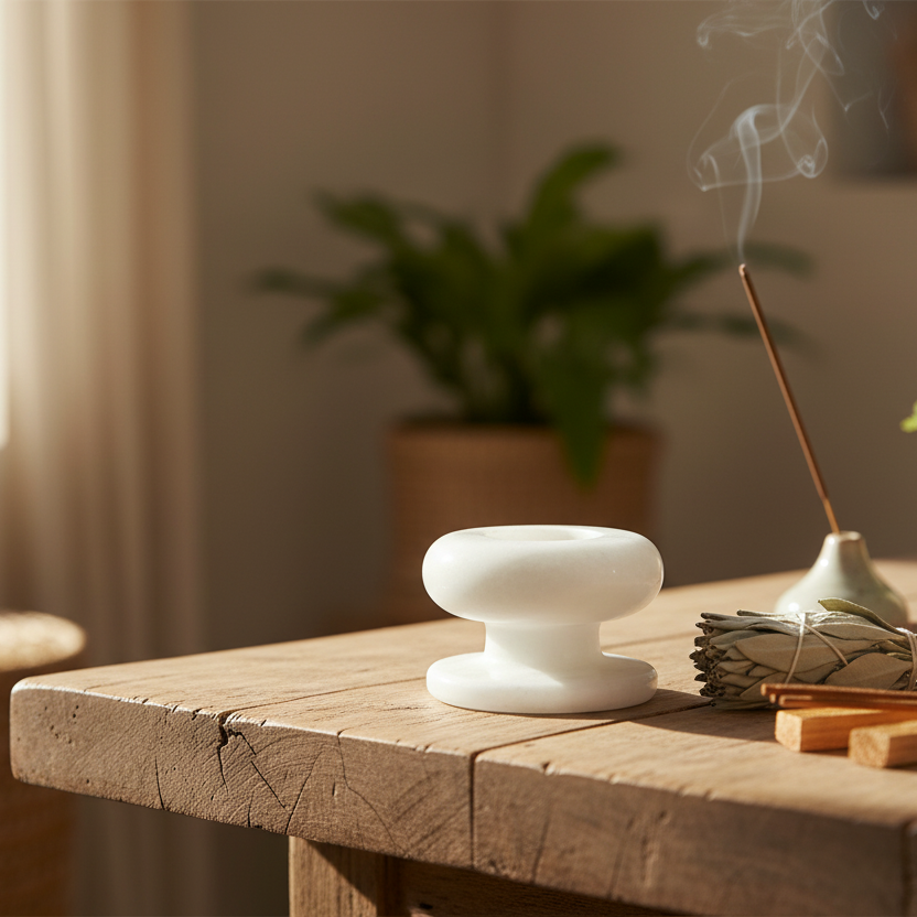 Premium white marble pedestal ashtray on a rustic wooden table in natural sunlight