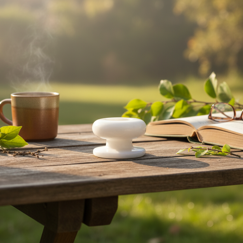 White marble pedestal ashtray styled on an outdoor wooden table in natural daylight
