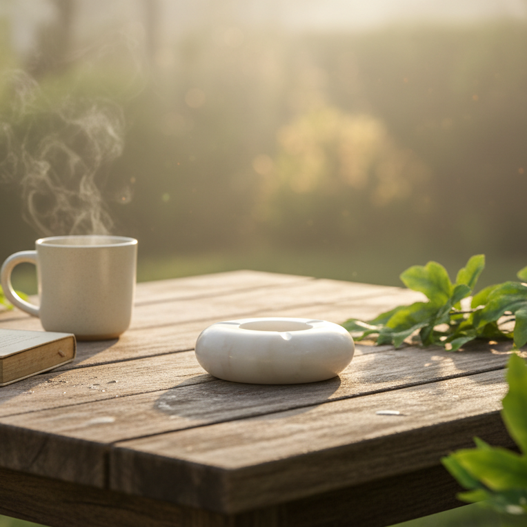 Steaming mug, a book, and white natural marble ash tray on a wooden table with a natural background