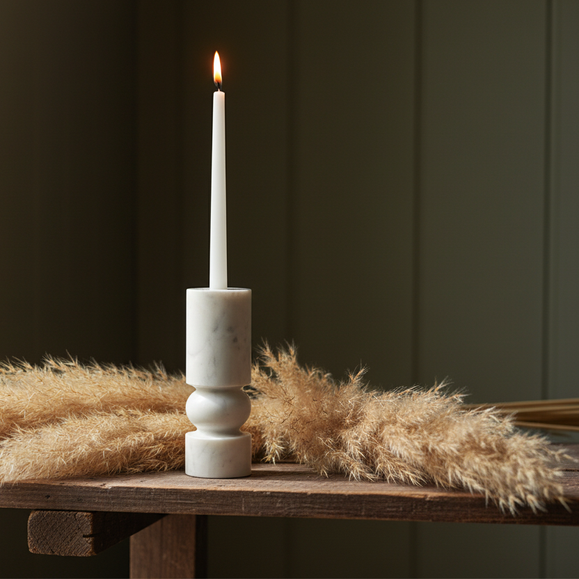 Banswara marble candle holder with lit candle displayed on a console table with dried pampas grass