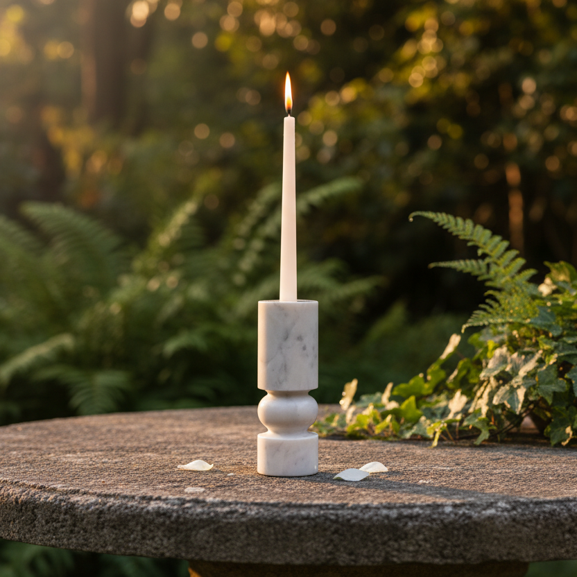 Banswara marble candle holder with lit candle displayed on a round outdoor stone table in a garden