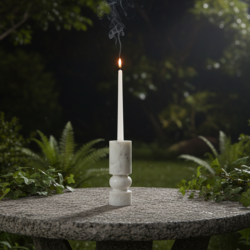 Banswara marble candle holder with lit candle displayed on an outdoor stone table surrounded by greenery