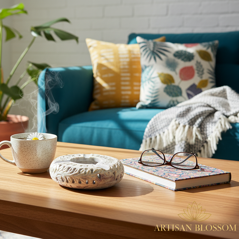 Premium Hand-Carved Soapstone Ash Tray in a Cozy living room with a wooden coffee table, mug, plant, and colorful cushions on a blue sofa.