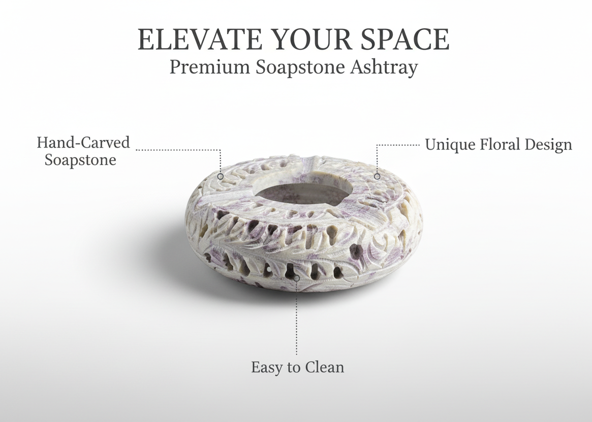 Soapstone ashtray with floral design on a white background