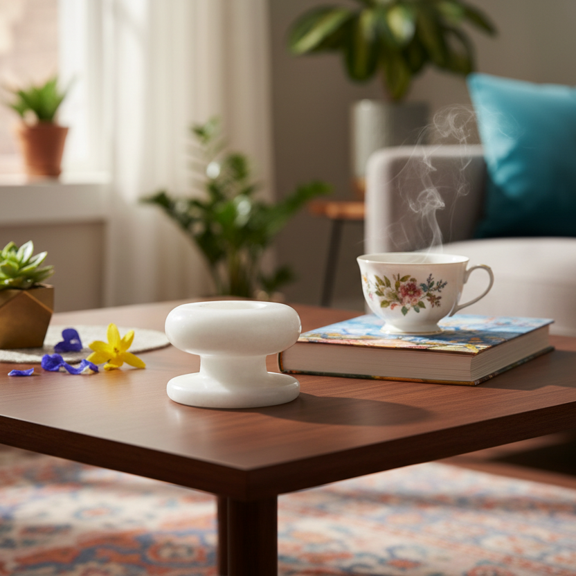 White marble pedestal ashtray displayed on a modern coffee table with a cup and books, surrounded by plants and a sofa in a cozy living room.