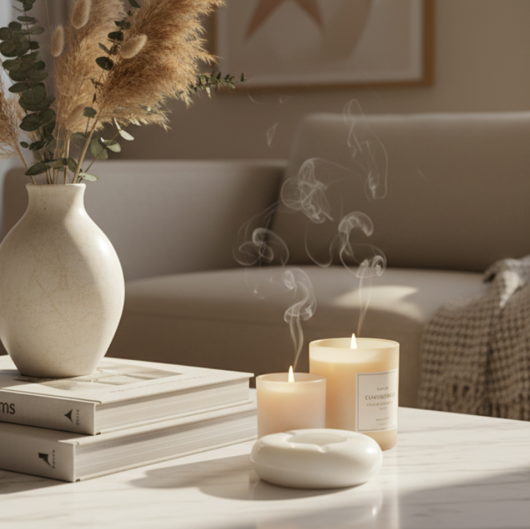 Natural white marble ash tray in a Decorative setup on a coffee table with books, a vase, and candles in a living room.