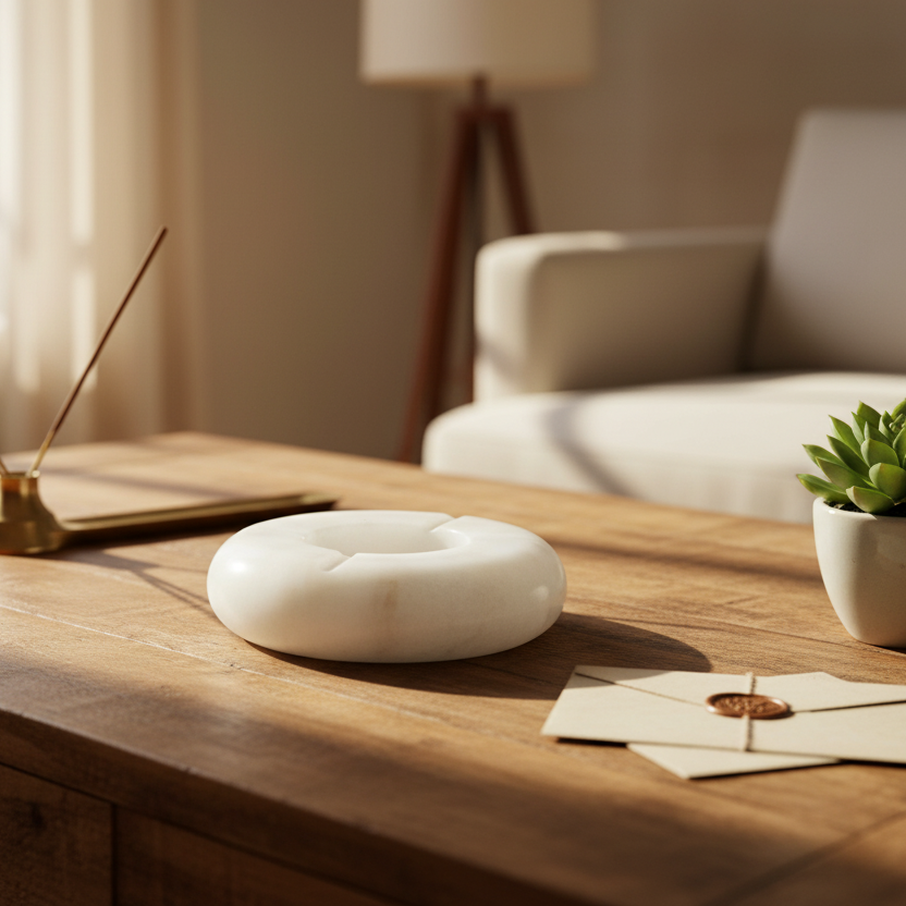 White Marble Ash tray on a Wooden coffee table with a diffuser, and potted plant in a living room setting.