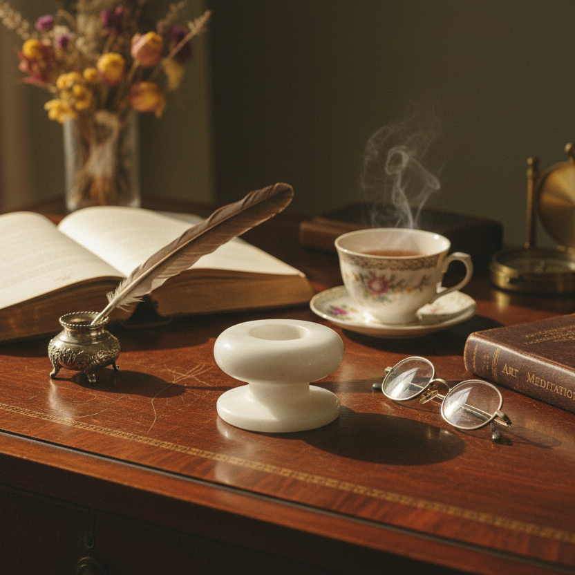Luxury white marble pedestal ashtray styled with Wooden desk with open book, quill, teacup, and glasses in a warm setting
