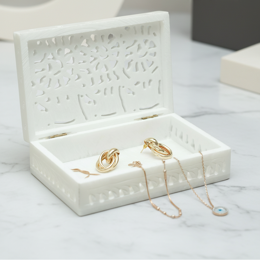 Luxury Soapstone Jewellery Box with Gold Necklace and Ring Storage