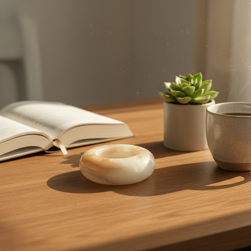 Luxury onyx marble ash tray with coffee, open book, and small plant on a wooden table.