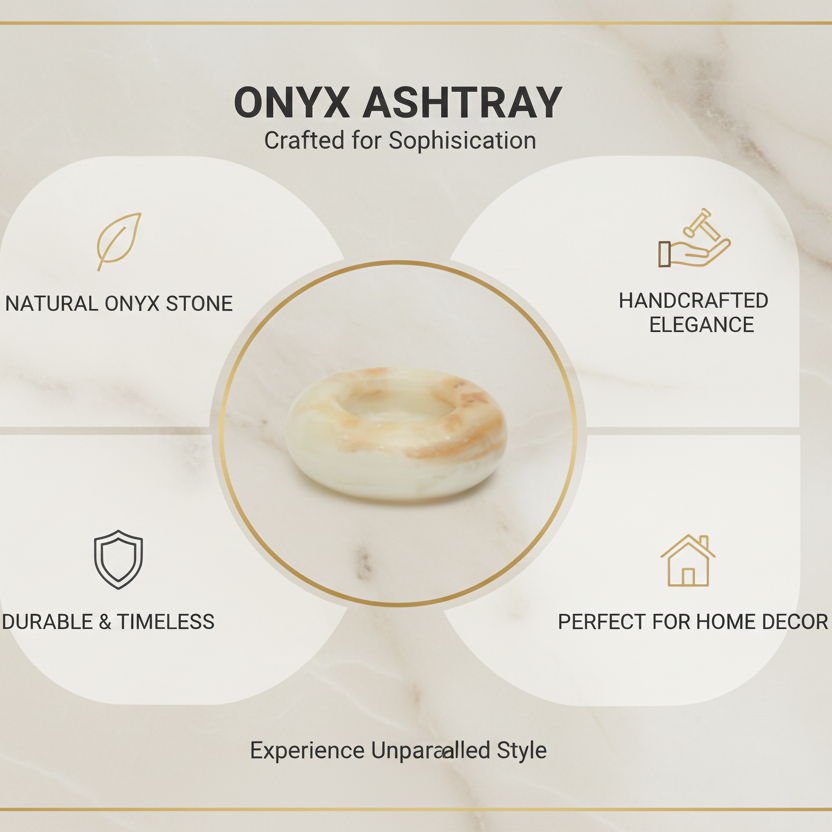 Onyx ashtray with features listed on a light background