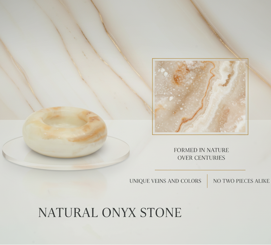 Natural onyx stone ashtray on a white plate with onyx marble background