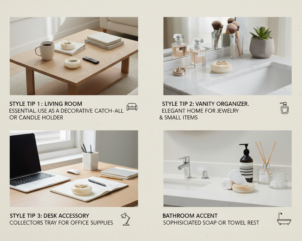 Collage of product usage scenarios of Luxury onyx marble ash tray in living room, vanity, desk, and bathroom settings.