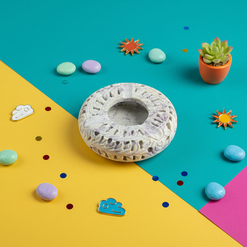 Premium Soapstone Ash Tray Decorative stone object on a colorful geometric background with small plants and stones.